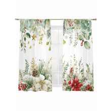 Christmas Sheer Curtains Green Eucalyptus Red Flowers Pine