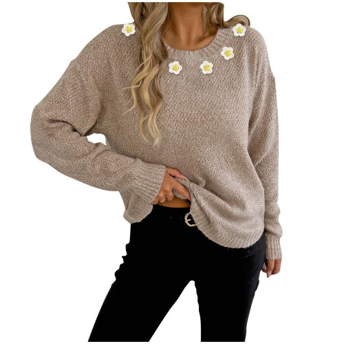 Women's Solid Floral Sweater Round Neck Long Sleeve Knit Top 1