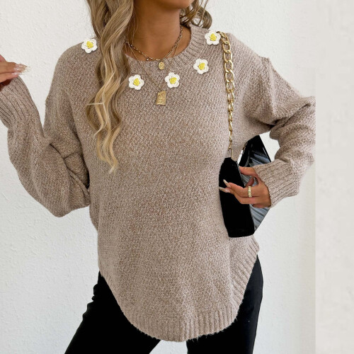 Women's Solid Floral Knit Sweater Round Neck Long Sleeve 1