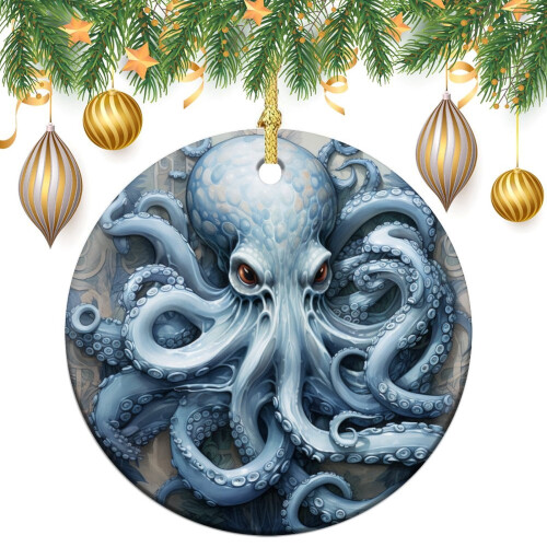 Vintage Blue Ceramic Octopus Ornament 1pc