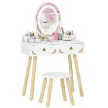 Kids Vanity Table and Chair Set with 3-Colour LED Lights Mirror, Drawer, Storage Boxes, for 3+ Years, White