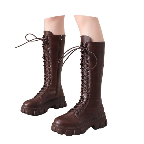 Women's Knee-High Gothic Lace-Up Boots Brown Size 7 2