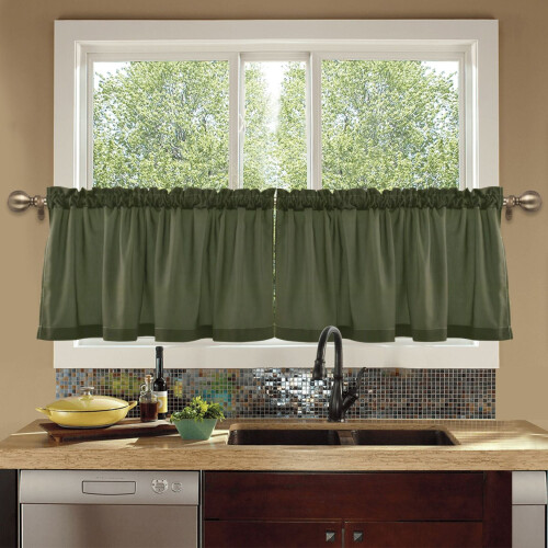 Olive Green Solid Curtains Set Rod Pocket Half Window Cafe 2