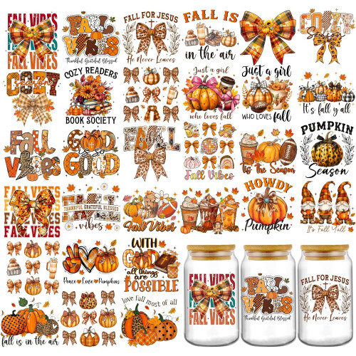 Fall UV DTF Stickers Maple Pumpkin Bow Cup Wraps 30 Sheets