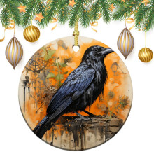 Blackbird Ceramic Christmas Ornament White Orange Crow
