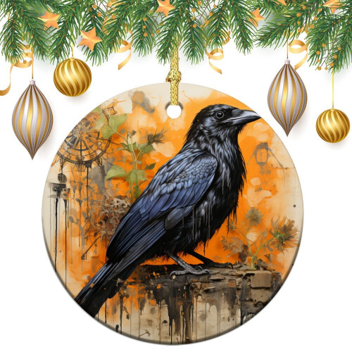 Blackbird Ceramic Christmas Ornament White Orange Crow