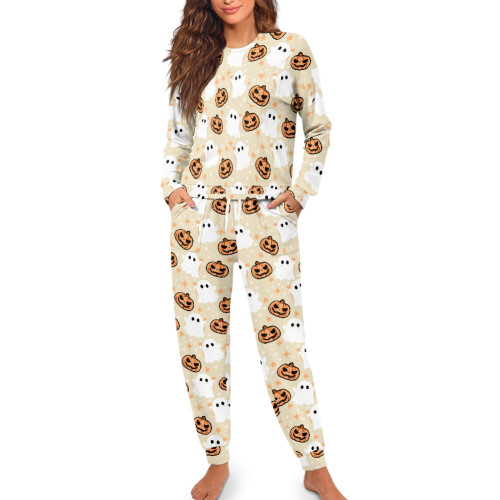 Women's Halloween Pajama Set Ghost Pumpkin Print Long 2