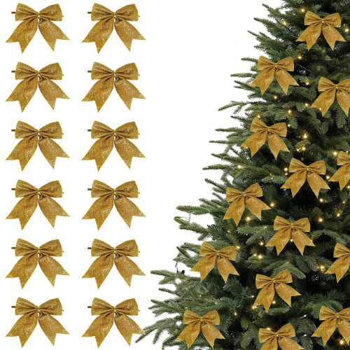 Mini Bow Christmas Ornaments Gold 12 pcs