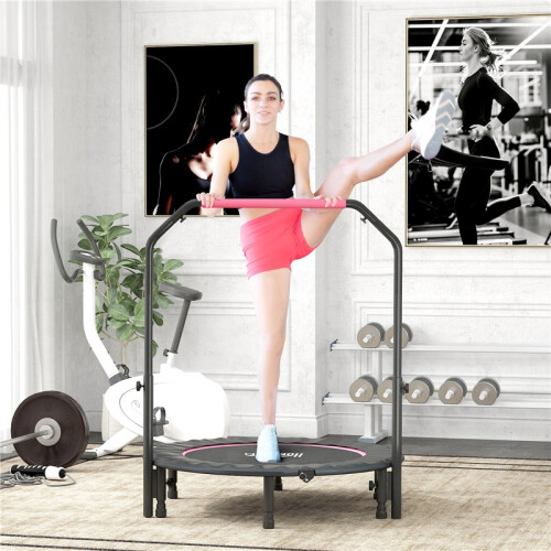 45" Foldable Mini Fitness Trampoline, with Adjustable Foam Handle, Pink 2