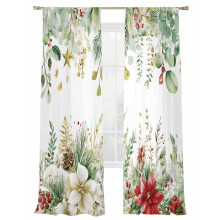 Christmas Sheer Curtains Green Eucalyptus Red Flowers Pine