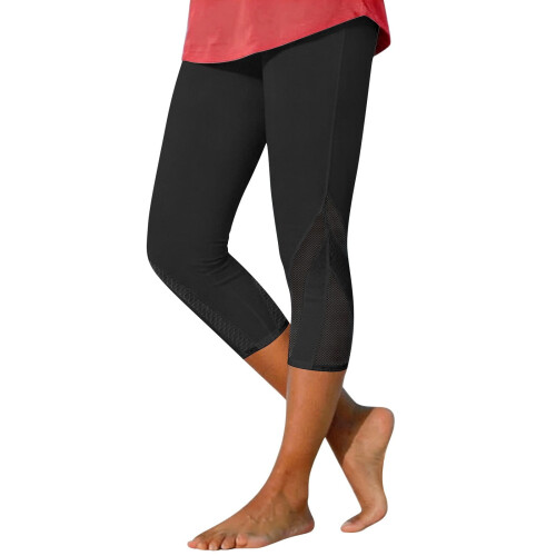 Women's Capri Leggings Black Mesh Design Knee-Length