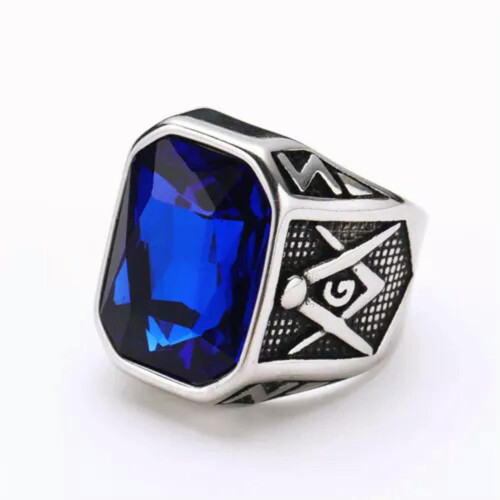 Men's Stainless Steel Masonic Ring Silver Deep Blue Size