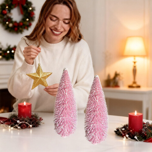 Christmas Miniature Pine Tree Bottle Brush Decoration Pink 1