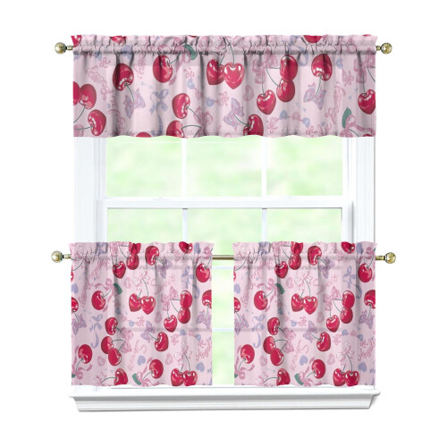 Cherry Kitchen Curtains Set with Valance 3-Piece Rod Pocket