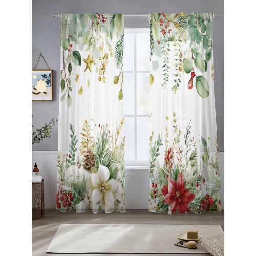 Christmas Sheer Curtains Green Eucalyptus Red Flowers Pine 1