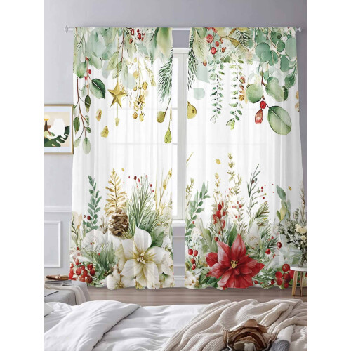 Christmas Sheer Curtains Green Eucalyptus Red Flowers Pine 2