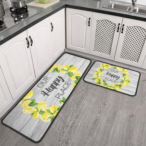 Lemon Kitchen Mats Set Crystal Velvet Black Edge 2 pcs
