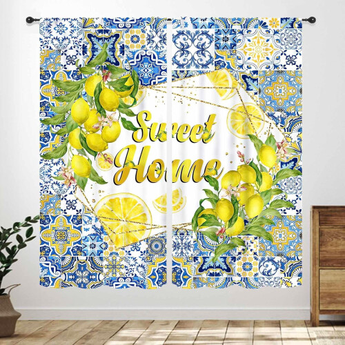 Lemon Kitchen Curtains Retro Blue Tiles Fruit Leaves Design