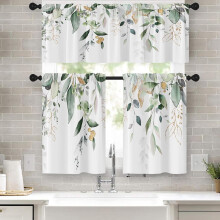 Spring Leaves Kitchen Curtains Valance & Tier Set Green