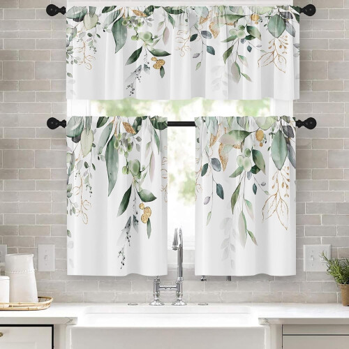 Spring Leaves Kitchen Curtains Valance & Tier Set Green