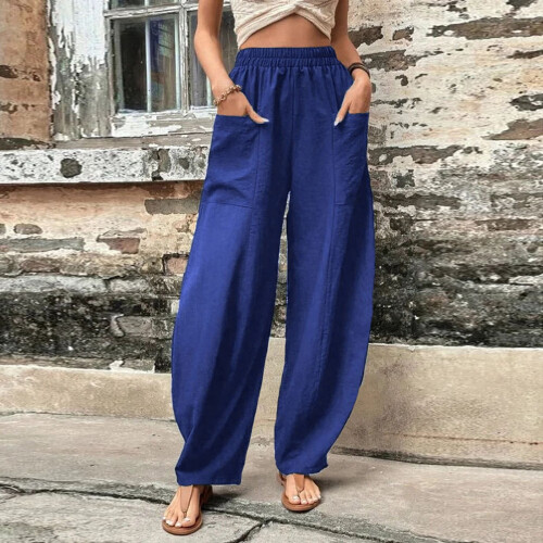 Women's Solid Blue Oversized Trousers with Elastic Waist 2
