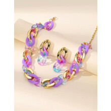 Purple and Gold Chain Necklace and Drop Earrings for Women