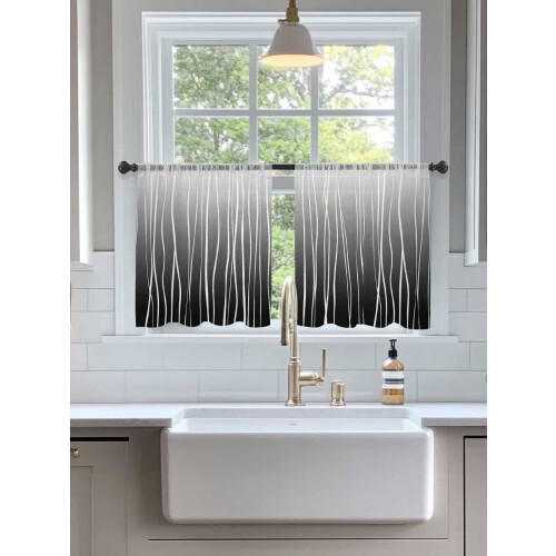 Sheer Curtains Black Wave Gradient on White 52x54 Inch 2
