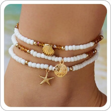 Waterproof Beaded Anklet for Women Gold Boho Seashell Design