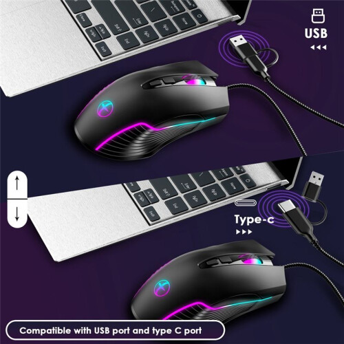 USB/Type-C Ergonomic Wired Gaming Mouse with RGB Backlit, Moving Mouse Jiggler Keeps Computer Awake 4 Adjustable DPI 2