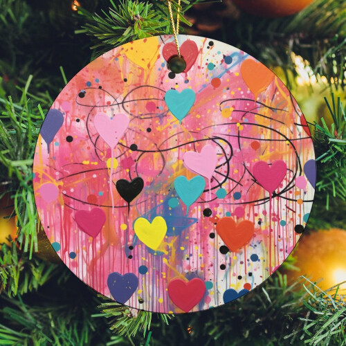 Pink Heart Ceramic Ornament Polka Dot Double-Sided 1