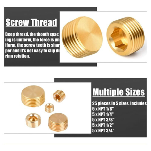 25Pcs Brass Pipe Plug Fitting,1/8 1/4 3/8 1/2 3/4Inch Male Internal Hex Thread Socket Pipe Plug Fitting Assortment Kit,C 1