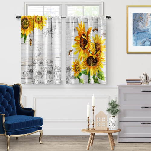 Sunflower Floral Kitchen Curtains with Bee Dragonfly 1