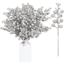 Christmas Glitter Berry Stems Silver 20 pcs