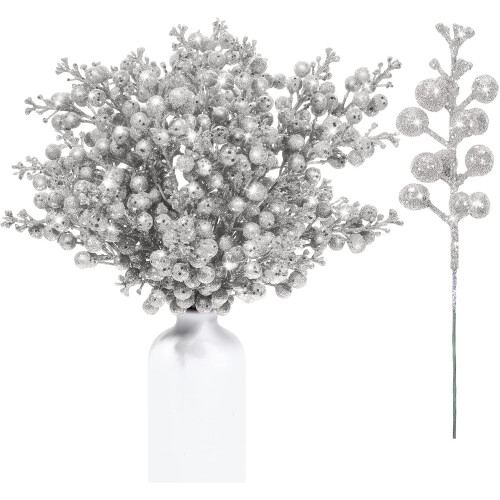 Christmas Glitter Berry Stems Silver 20 pcs