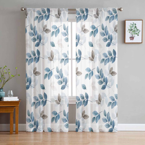 Sheer Curtains Blue Gray Eucalyptus on White 52x96 in Light 2