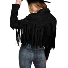 Women's Faux Suede Fringe Jacket Black L