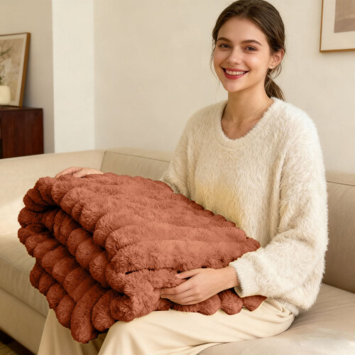 Fuzzy Ribbed Throw Blanket Coffee 78.7x70 in 1