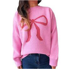 Women's Knitted Pullover Sweater with Bow, Long Sleeve
