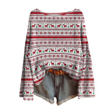 Women's Christmas Print O-Neck Sweater, Polyester, Pink