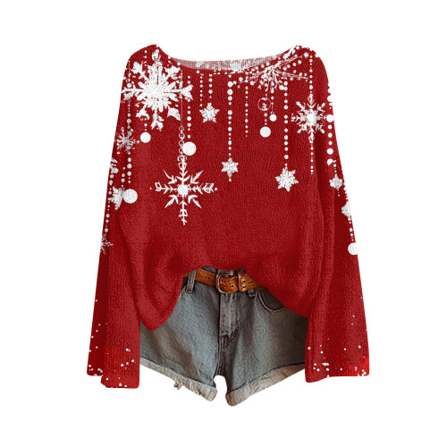 Women's Christmas Print Long-Sleeve Knit Pullover L Red