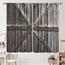 Farmhouse Barn Door Curtains Blue Grey Wooden Plank Rod