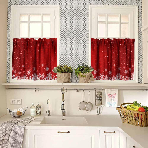 Red Christmas Kitchen Curtains and Valances Set Snowflake 1
