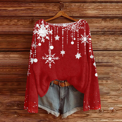 Women's Christmas Print Long-Sleeve Knit Pullover L Red 1