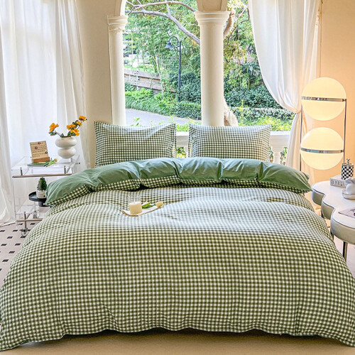 Gingham Duvet Cover Set Full Size Green Plaid Bedding with 1