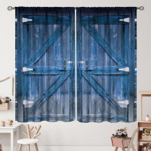 Farmhouse Barn Door Curtains Blue Grey Wooden Plank Rod