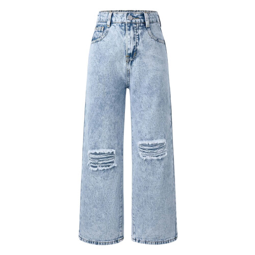 Light Blue Distressed Wide Leg Jeans for Women - Stretch