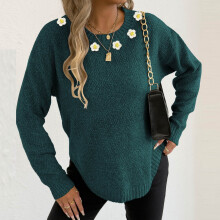Women's Solid Floral Sweater Round Neck Long Sleeve Knit Top