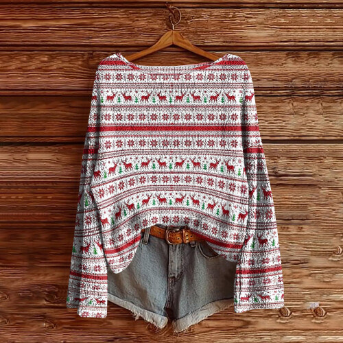 Women's Christmas Print O-Neck Sweater, Polyester, Pink 1