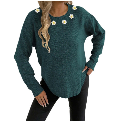Women's Solid Floral Sweater Round Neck Long Sleeve Knit Top 1