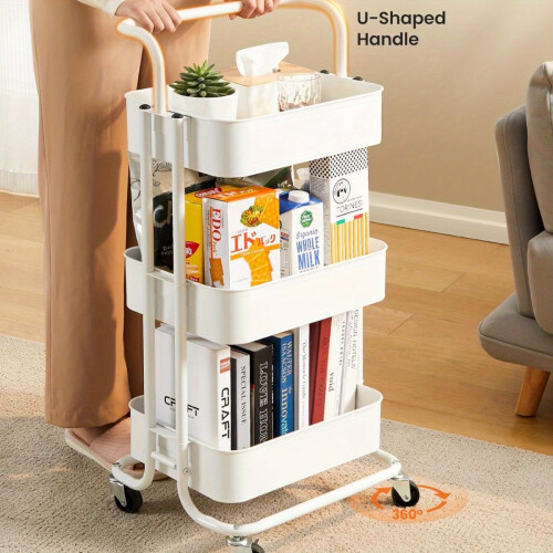 3-Tier Black Metal Utility Cart with Locking Wheels
